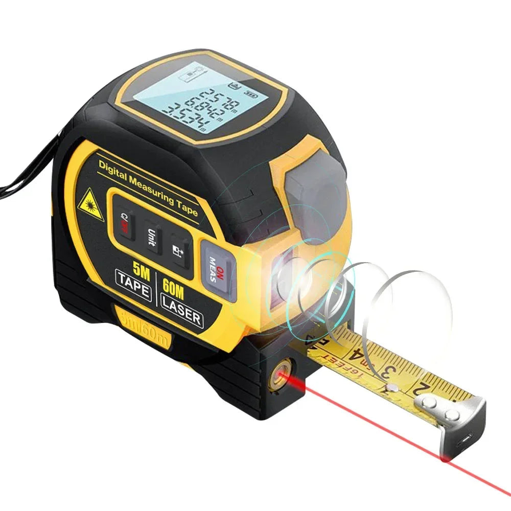 Backlight Distance Meter Building Measurement Device 3 in 1 Laser Rangefinder 5M Tape Measure Ruler LCD Display